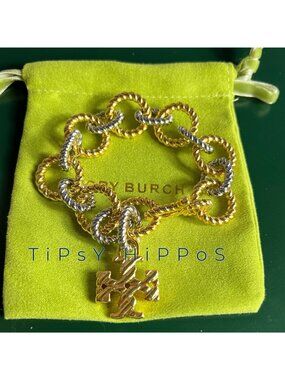 Tory Burch Gold & Silver Twist Rope Chain Bracelet With Logo Pendant In Gift Pou